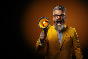 A handsome man on an isolated yellow wall shouts into a megaphone.