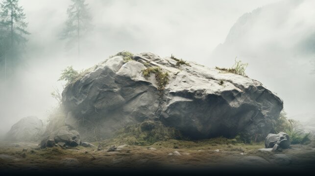 A large rock covered with moss sits in a foggy forest, surrounded by trees and smaller rocks, evoking a mysterious and serene atmosphere