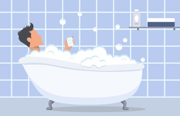 The guy is sitting in a bath with foam. Color vector illustration.