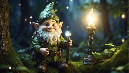 Cute funny cartoon gnome with a flashlight in the forest design