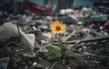 a flower grows among a pile of garbage