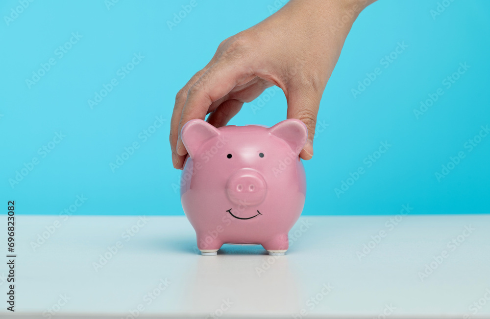 Wall mural human hand holding a piggy bank