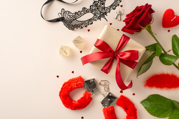 Celebrate love with adult boutique treasures. Top view of alluring items: intimate toys, lace mask, dice game, furry cuffs, keys, giftbox, red rose, confetti on pastel beige. Text-friendly backdrop