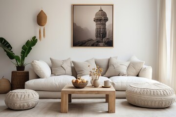 Fototapeta na wymiar Elegant modern, luxury, neutral, cozy and white bohemian, boho living room with a sofa and plants. soft earthy colors. Great as interior furniture decoration design inspiration.