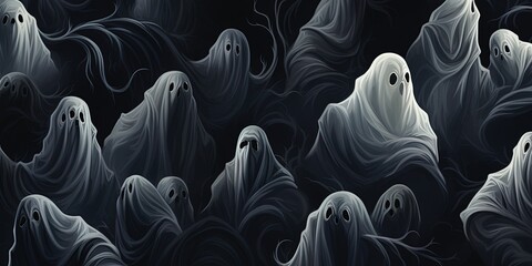 Halloween wallaper illustration texture - Different scary white ghosts on dark black night background, seamless pattern - obrazy, fototapety, plakaty