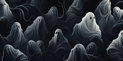 Fotobehang Halloween wallaper illustration texture - Different scary white ghosts on dark black night background, seamless pattern © Sasha