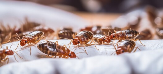 Detailed infestation of bedbugs on a neatly made bed with a white sheet.