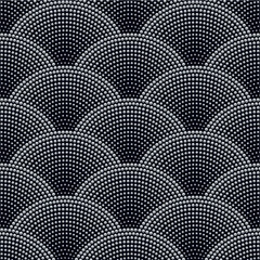 Wavy seamless pattern with geometrical fish scale layout. Silver globs on a black background. Fan shaped seigaiha pattern  - obrazy, fototapety, plakaty