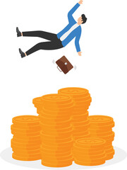 Insurance, reserve money or emergency fund on business failure, mistake or accident, compensation or money support and cushion concept, fail businessman falling on huge money dollars safety cushion.

 - obrazy, fototapety, plakaty