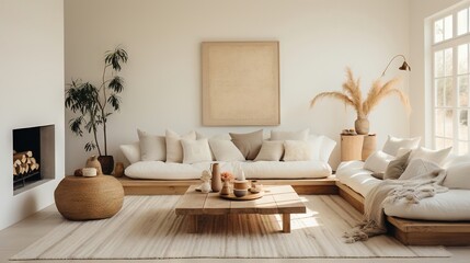 Fototapeta premium Elegant modern, luxury, neutral, cozy and white bohemian, boho living room with a sofa and plants. soft earthy colors. Great as interior furniture decoration design inspiration.