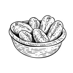 Bread and rolls in wicker basket isolated on white
