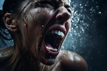 Screaming woman image evoking resilience and strength emotion. Generative AI