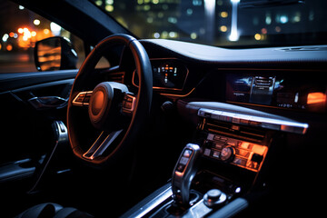 Car interior design with illuminated dashboard at night. Generative AI - obrazy, fototapety, plakaty