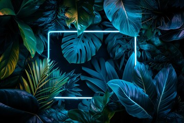 Photo of neon blue light frame with green tropical leaves, dark background