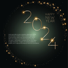 Happy new 2024 year. Elegant gold text with light. Minimalistic text template