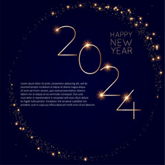 Happy new 2024 year. Elegant gold text with light. Minimalistic text template.	
