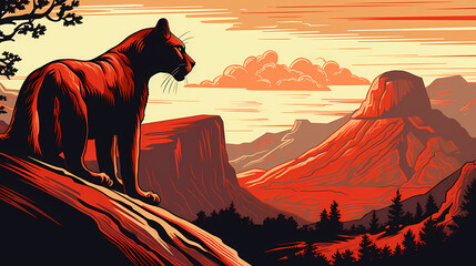 Artistic life of cougar in nature, print style