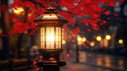 Lantern on the street in autumn at night,