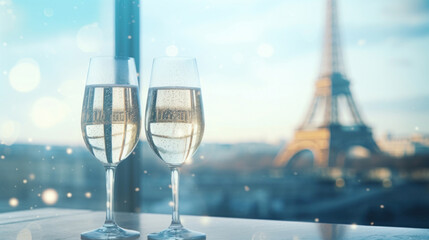 Two glasses of champagne on the background of the Eiffel tower