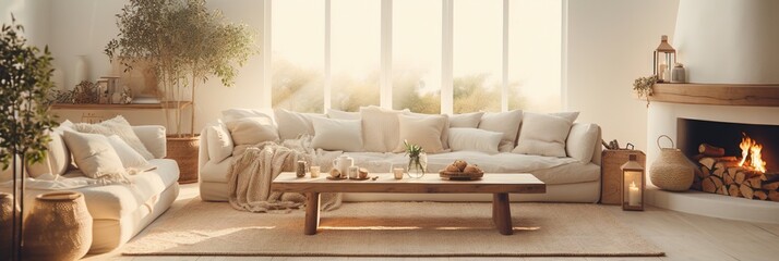 Elegant modern, luxury, neutral, cozy and white bohemian, boho living room with a sofa and plants. soft earthy colors. Great as interior furniture decoration design inspiration.