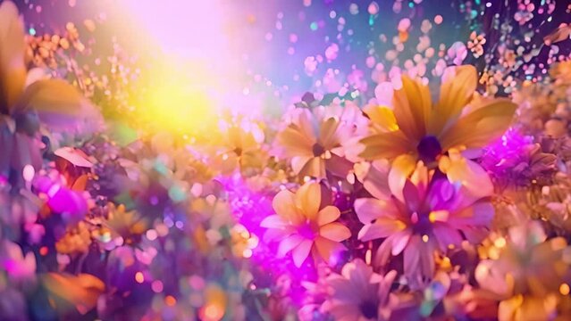 Wildflower field abstract watercolor moving and sparkling. Watercolor beautiful rural landscape with sunrise and blossoming meadow. Pink purple flowers flowering on spring field. mp4