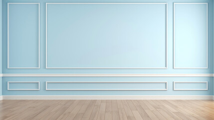 Elegant empty room with light blue tall walls. Frame wall molding decorating. Wooden floor. Copy space. Generative AI - obrazy, fototapety, plakaty