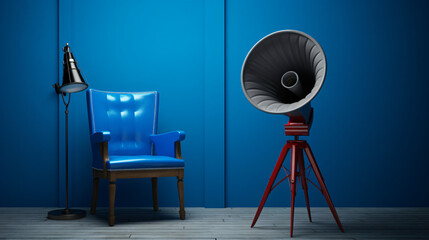 Blue megaphone on chair with clapboard