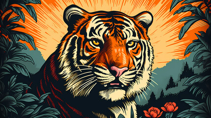 Artistic life of tiger in nature, print style