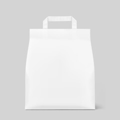 Paper packaging bag with handle mockup. Front view. Vector illustration isolated on grey background. Ready for use in presentation, promo, advertising and more. EPS10.