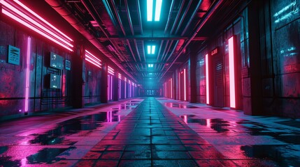 Photo of Synthwave retro photorealistic background, neon lights, cinematic, tunnel