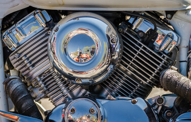 chromed chopper motorcycle engine closeup