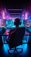 Unrecognizable man playing professional videogames with headphones. Generative AI.