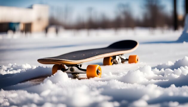skateboard lies on the snow