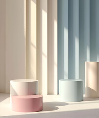 Set of beige, blue, soft pink and white realistic 3d cylinder pedestal podium in pastel colorful abstract rooms. Vector rendering geometric forms. Minimal wall scene. Stage showcase, Product display.