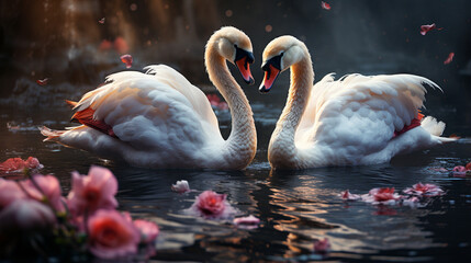 Two white swans couple swimming in lake. Generative Ai - obrazy, fototapety, plakaty