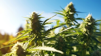 Close up of cannabis sativa bud on a field with soft focus with a sun rays flare. Medical hemp concept. Generative AI