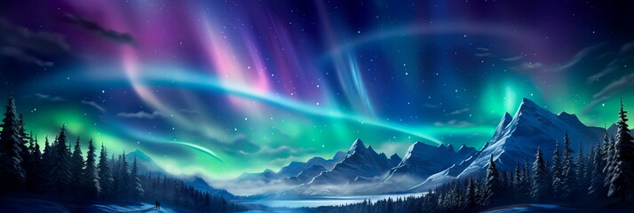 winter sky filled with celestial phenomena, such as shooting stars and a mesmerizing aurora borealis