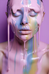 Fashion Concept. Closeup portrait of beautiful woman girl in pastel colourful flowing thick fluid gel paint. illuminated with dynamic composition light. sensual, mysterious, advertisement, copy space
