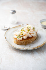 Traditional Scandinavian shrimp sandwich with egg and dill