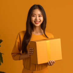 노랑색 박스를 들고 환하게 웃고 있는 여성 모델