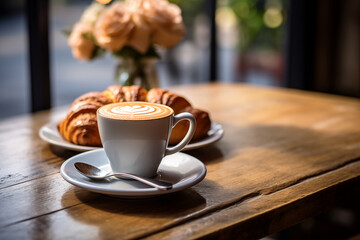 커피 까페라떼와 빵이 우드 테이블 위에 놓여있는 사진