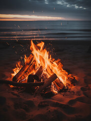 해변가에서 캠프파이어, 모닥불을 피운 모습