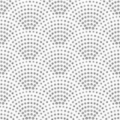 Wavy seamless pattern with geometrical fish scale layout. Metallic silver circle drops on a white background. Peacock tail shape - obrazy, fototapety, plakaty