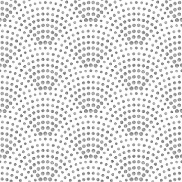 Wavy seamless pattern with geometrical fish scale layout. Metallic silver circle drops on a white background. Peacock tail shape