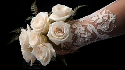 A delicate arrangement of roses intertwined with delicate lace, evoking a sense of timeless beauty