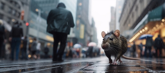 Dusk view of a rat navigating through a busy city alley.