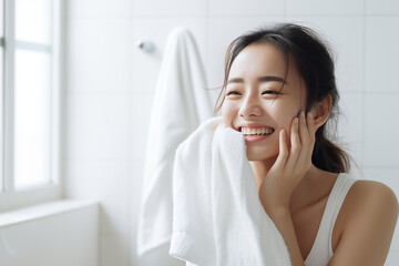 세안하고 얼굴을 수건으로 닦는 여성