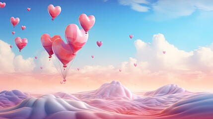 Fototapeta premium valentine day greeting card with hearts in the air, in the sky blue and pink background copy space