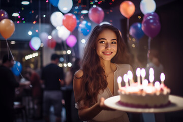 Obraz na płótnie Canvas 생일 파티 케이크를 들고 있는 여성