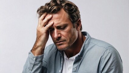 Isolated Background, American Man Having Headache and Holding Hand to Head, Studio Shot